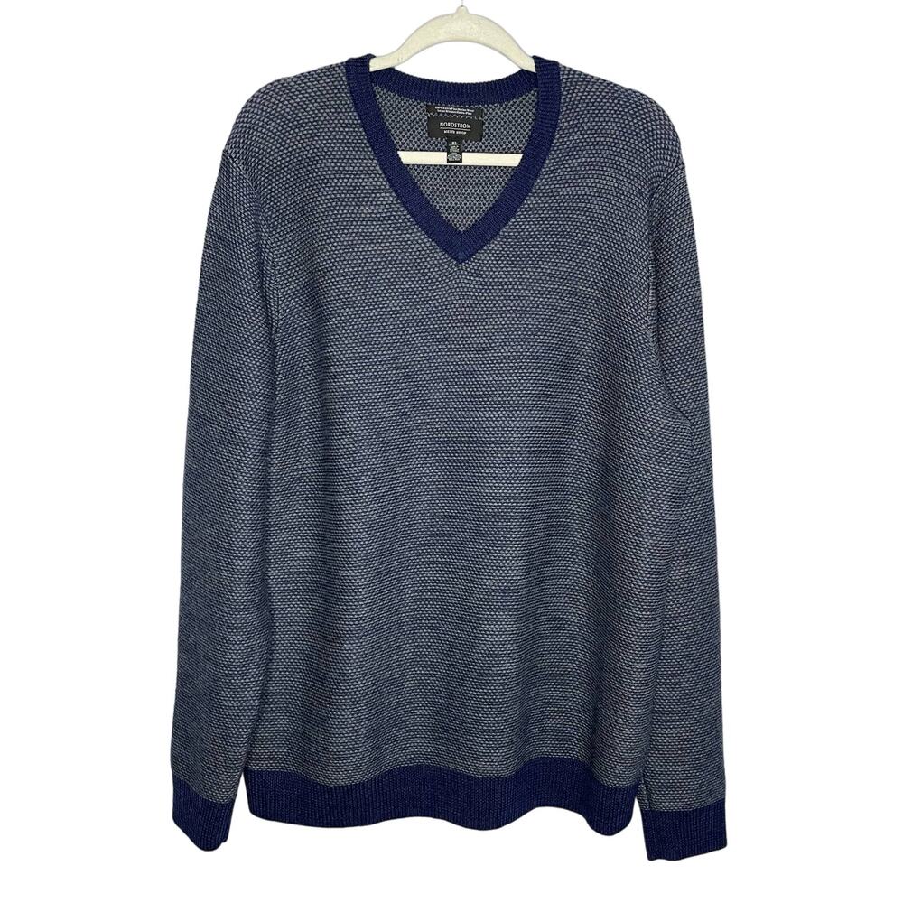 Nordstrom Men's Extra Fine Merino Wool Knit V Neck Sweater Long Sleeve Blue XL